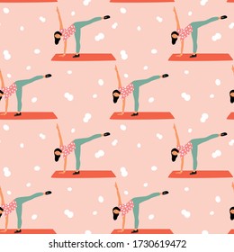 Patrón sin inconvenientes con las mujeres haciendo yoga en casa. Ilustración con pose de media luna, Ardhachandrasana.