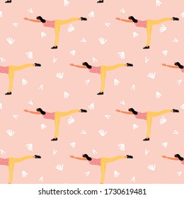 Seamless pattern with woman doing yoga at home. Illustration with Warrior Pose, Virabhadrasana.