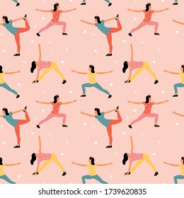 Nahtloses Muster mit einer Frau, die zu Hause Yoga macht. Illustration mit verschiedenen Yoga-Posen.