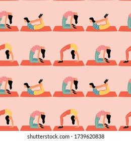 Seamless pattern with woman doing yoga at home. Illustration with different yoga pose.