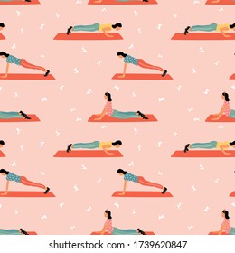 Seamless pattern with woman doing yoga at home. Illustration with different yoga pose.