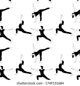 Seamless pattern with woman doing yoga at home. Illustration with different yoga pose.