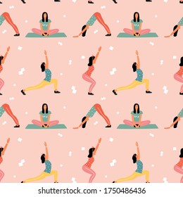 Seamless pattern with woman doing yoga at home. Illustration with different yoga pose.