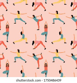 Seamless pattern with woman doing yoga at home. Illustration with different yoga pose.