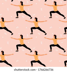 Seamless pattern with woman doing yoga at home. Illustration with Warrior Pose, Virabhadrasana.