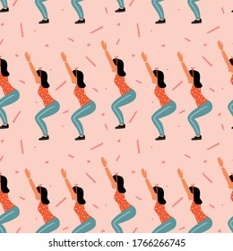 Patrón sin inconvenientes con las mujeres haciendo yoga en casa. Ilustración con la Presidenta Pose, Utkatasana. 
