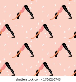 Seamless pattern with woman doing yoga at home. Illustration with pose Dog face down, Adho Mukha Shvanasana.
