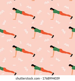 Seamless pattern with woman doing yoga at home. Illustration with pose Plank, Chaturanga Dandasana, Four-Limbed Staff Pose.