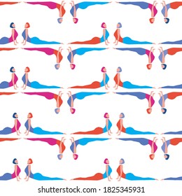 Patrón sin inconvenientes con las mujeres haciendo yoga, deportes, estiramientos, asanas aisladas en el fondo blanco para imprimir. Ilustración vectorial plana con joven deportista durante el yoga