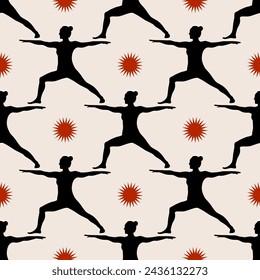 Seamless pattern with woman doing yoga. The concept of sport, gym, yoga, pilates, fitness, meditation and relax. Health care and lifestyle concept. Vector illustration.