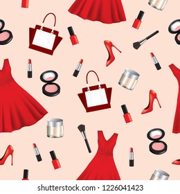 Seamless pattern with woman dress, handbag and makeup, vector