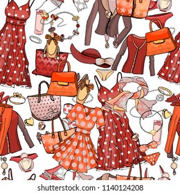 Seamless pattern with woman dresses, underwear, bra, accessories, jewel, bags. Endless texture for fashion design. Objects on white, red and brown color. Romantic and casual style.