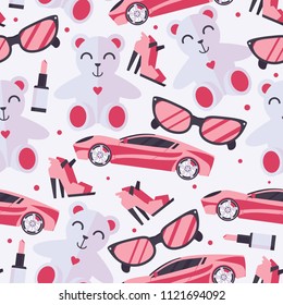 Seamless pattern with woman driver accessories like lipstick, sunglasses, teddy bear, shoes heels and sport car in pink color on light background