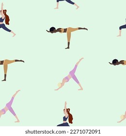 Seamless pattern with woman exercising yoga. Vector illustration in flat cartoon style, concept illustration for healthy lifestyle, sport, exercising.