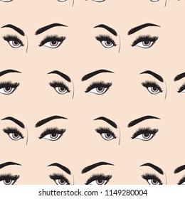 Seamless pattern with woman eyes eyebrow and eyelash. Vector fashion illustrations with watercolor style paint splashes. Stylish graphic on white background. Design for logo, t shirt and uniform.