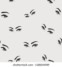 Seamless pattern with woman eyes eyebrow and eyelash. Vector fashion illustrations with watercolor style paint splashes. Stylish graphic on white background. Design for logo, t shirt and uniform.
