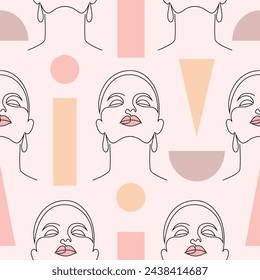 Seamless pattern with woman face and geometric shapes on light background.