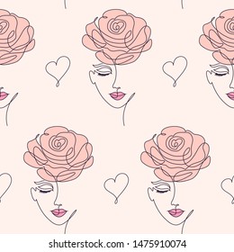 Seamless pattern with woman face and heart on light background.