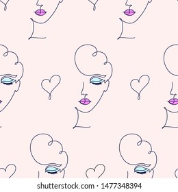 Seamless pattern with woman face and heart on light background.