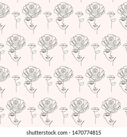 Seamless pattern with woman face on pale background.