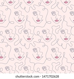 Seamless pattern with woman face on pink background.