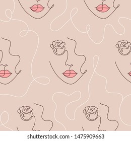 Seamless pattern with woman face on brown background.