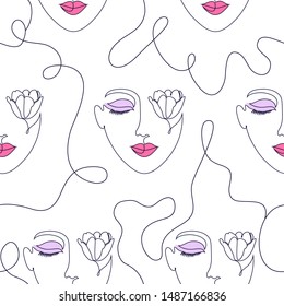 Seamless pattern with woman face on pink background.