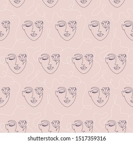 Seamless pattern with woman face on light background.