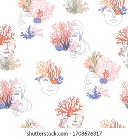 Seamless Pattern With Woman Face Portrait With Underwater World, Coral, Jellyfish, Shells, Algae And Plants. Editable Vector Illustration.