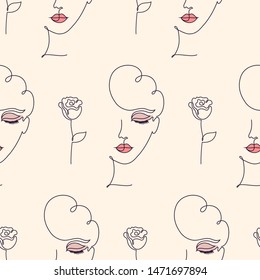 Seamless pattern with woman face and rose on pale background