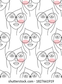 Seamless pattern from woman face in stylish glasses one line outline drawing. Fashionable abstract minimal background from female portraits. Fabric, paper, wallpaper, cover