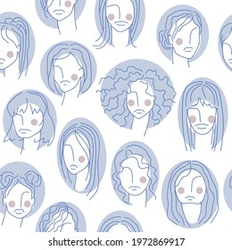 Seamless pattern with woman faces and abstract shapes on white background