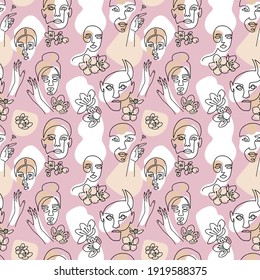 Nahtloses Muster mit weiblichen Gesichtern, Kirschblumen und abstrakten Formen auf hellem Hintergrund. Flache lineare Vektorgrafik