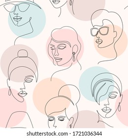 Seamless pattern with woman faces  and circles on white  background.