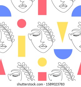 Seamless pattern with woman faces and geometric figures