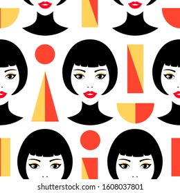 Seamless pattern with woman faces and geometric figures