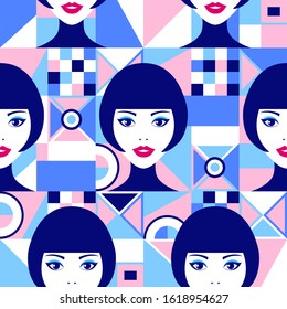 Seamless pattern with woman faces and geometric figures