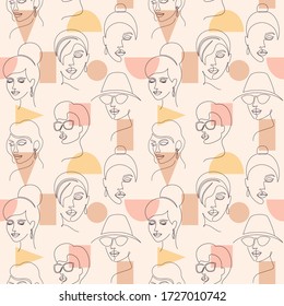 Seamless pattern with woman faces  and geometric shapes.