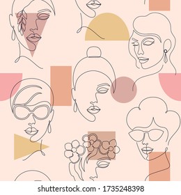 Seamless pattern with woman faces  and geometric shapes on light  background

