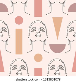 Seamless pattern with woman faces  and  geometric shapes on light background.
