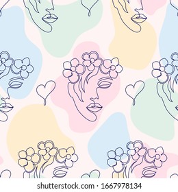 Patrón transparente con caras femeninas, corazones y formas abstractas sobre fondo claro