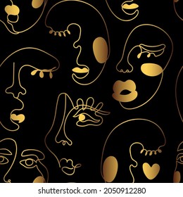 seamless pattern woman faces in line art style. golden faces pattern.faces contour pattern. Continuous line face women seamless pattern.abstract faces. Background Fashion Portrait one line minimalist.
