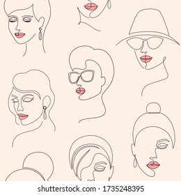 Seamless pattern with woman faces  on pale background

