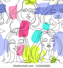 Seamless Pattern with Woman Faces One Line Art Portrait. Female Facial Expression. Hand Drawn Linear Woman Silhouette Background. Vector illustration