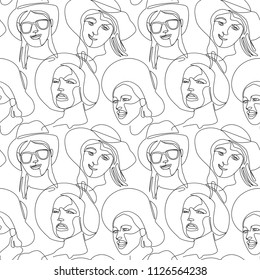 Seamless Pattern with Woman Faces One Line Art Portrait. Female Facial Expression. Hand Drawn Linear Woman in Hat Silhouette Background. Vector illustration