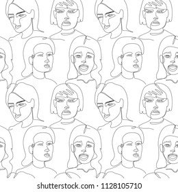 Seamless Pattern with Woman Faces One Line Art Portrait. Female Facial Expression. Hand Drawn Linear Woman Silhouette Background. Vector illustration