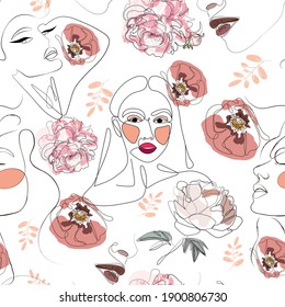 Seamless Pattern with Woman Faces One Line Art Portrait with Flowers. Female Facial Expression. Hand Drawn Linear Woman in Hat Silhouette Background. Vector illustration