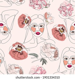 Seamless Pattern with Woman Faces One Line Art Portrait with Flowers. Female Facial Expression. Hand Drawn Linear Woman in Hat Silhouette Background. Vector bohemian illustration