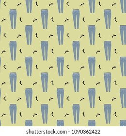 Seamless pattern with woman fashion objects. Fashionable shoes and jeans on a colored background.