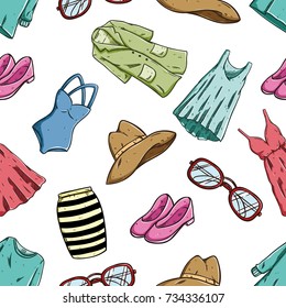 seamless pattern of woman fashionable clothing and accessory with colored hand drawn style
